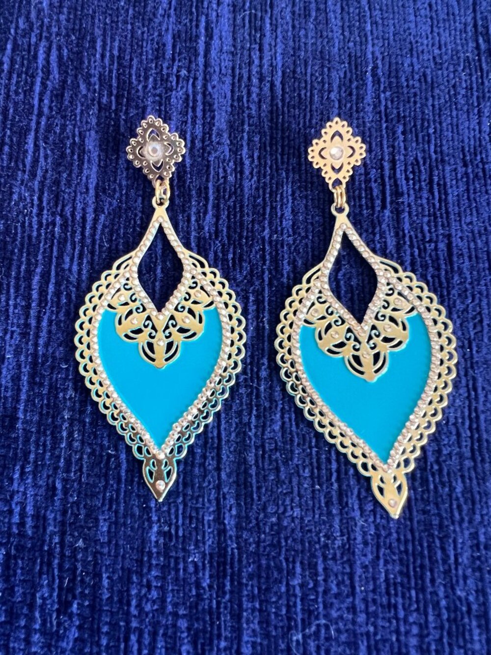 Leeta Kalmanson LK Turquoise Enamel Crystal Filigree Statement Dangle Earrings